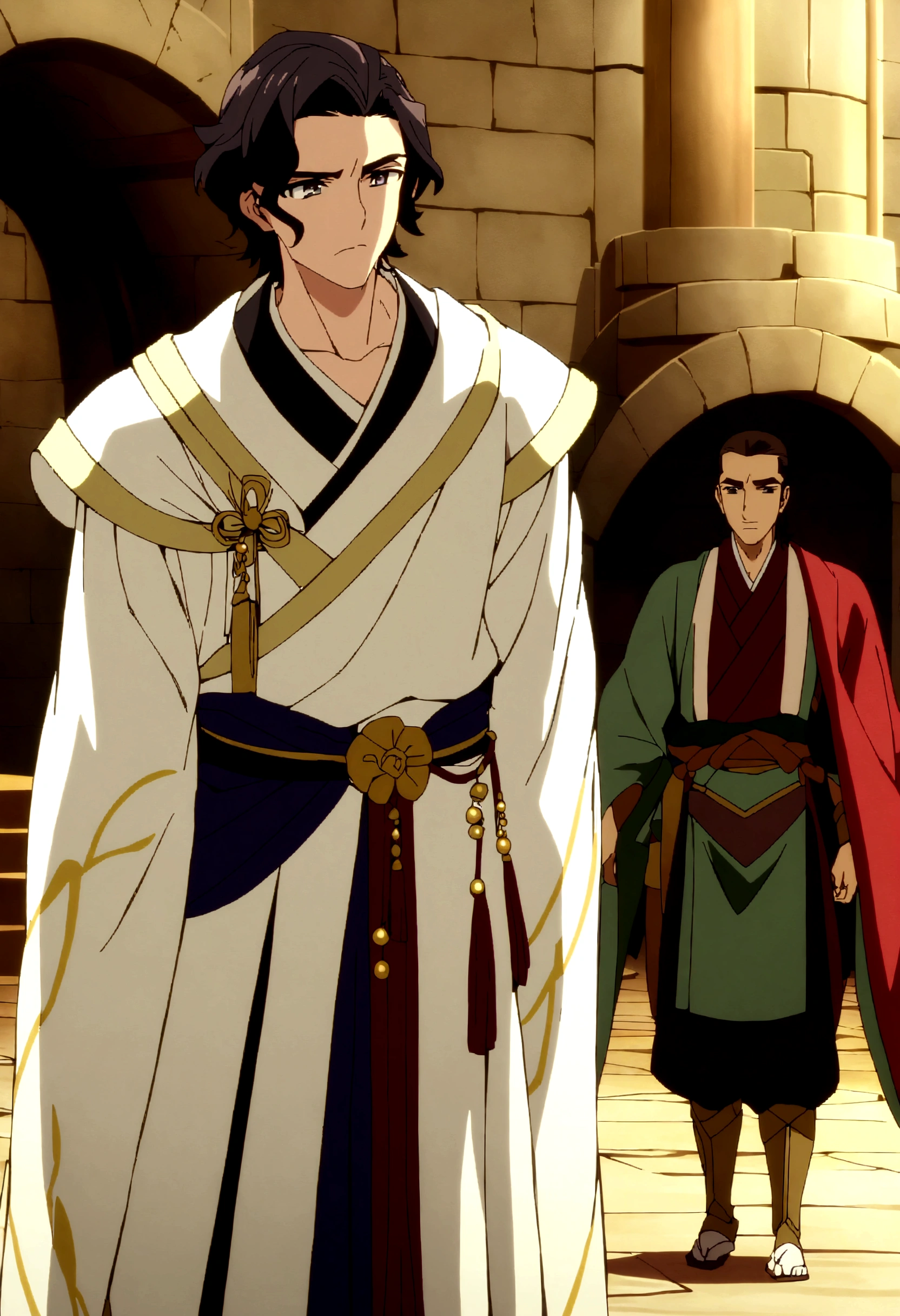 A young prince with long, dark hair wears an elegant robe inspired by ancient Japanese clothing, adorned with magical details that shine with their own light. His gaze reflects determination and curiosity as he observes next to the Duke of the North, short hair, imposing bearing and robust armor, he shows an expression that combines seriousness with a spark of compassion. They are both in front of a majestic castle,Screenshot screencap ancient history cover animated.