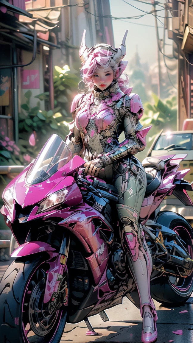 ((best quality)), ((masterpiece)), ((realistic)), (detailed), (photorealistic:1.5), (((succubus ))),((beautiful face, sharp face)), (thick body), (((pink bodysuit))), lights on armor, ((looking at viewer)), dynamic pose, post apocalyptic, destroyed city background, buildings on fire, science fiction, hdr, ray tracing, nvidia rtx, super-resolution, unreal 5, subsurface scattering, pbr texturing, post-processing, anisotropic filtering, depth of field, maximum clarity and sharpness, rule of thirds, 8k raw, (luminescent particles:1.4), (extremely detailed cg, unity 8k wallpaper, 3d, cinematic lighting, lens flare), reflections, sharp focus, cyberpunk art, cyberpunk architecture,((ride motorbike))