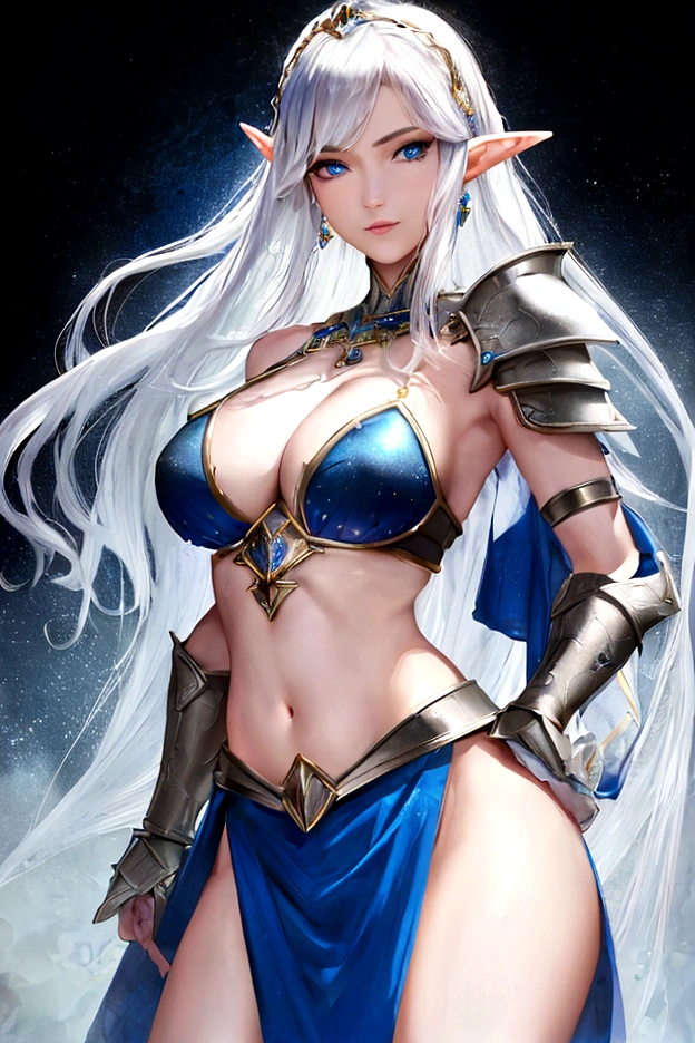 standing mature elf woman, 20 years of age, cleavage, blue bikini armor, blue armored short skirt, jewelry, blue eyes, perfect hand, perfect face, perfect body, small smile, realistic, white hair, porcelain skin, perfect skin, sleeveless, gloveless, bracelet, mystical, cleavage, big breast, looking at viewer, masterpiece, high quality, jewelry, crown,detailed, athletic body, perfect eyes, simple black background