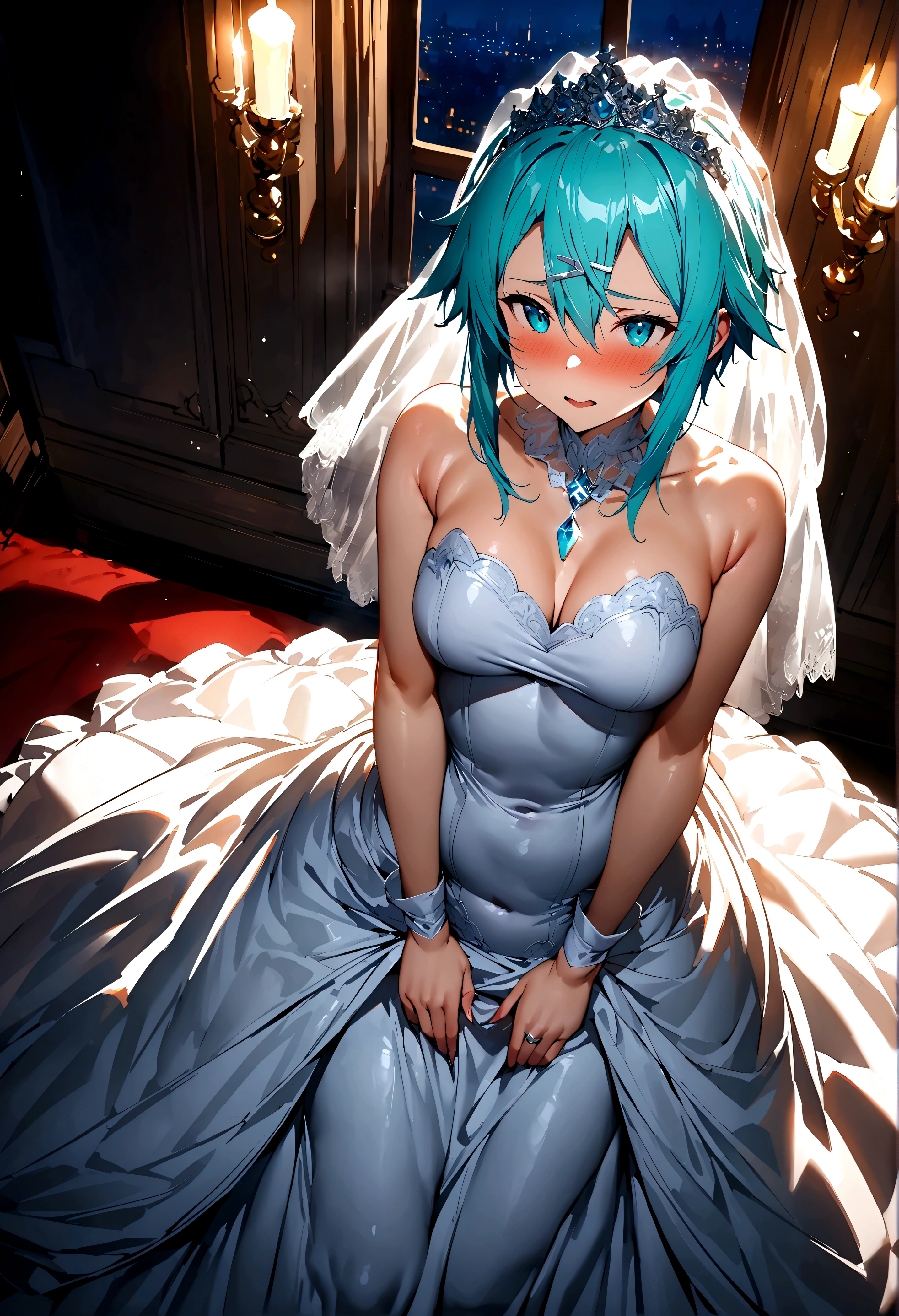 NSFW,masterpiece,Highest quality,High resolution,Super detailed,Sinon\(Sword Art Online\),(High quality sexy wedding dress),Wedding Lingerie,Wedding Veil,tiara,gem, hair ornaments, Hair Clip,wedding ring,Embarrassed,expectant face,(Lust),blush,Church at night in the moonlight,Luxurious Room,wedding,From below,Skirt Lift