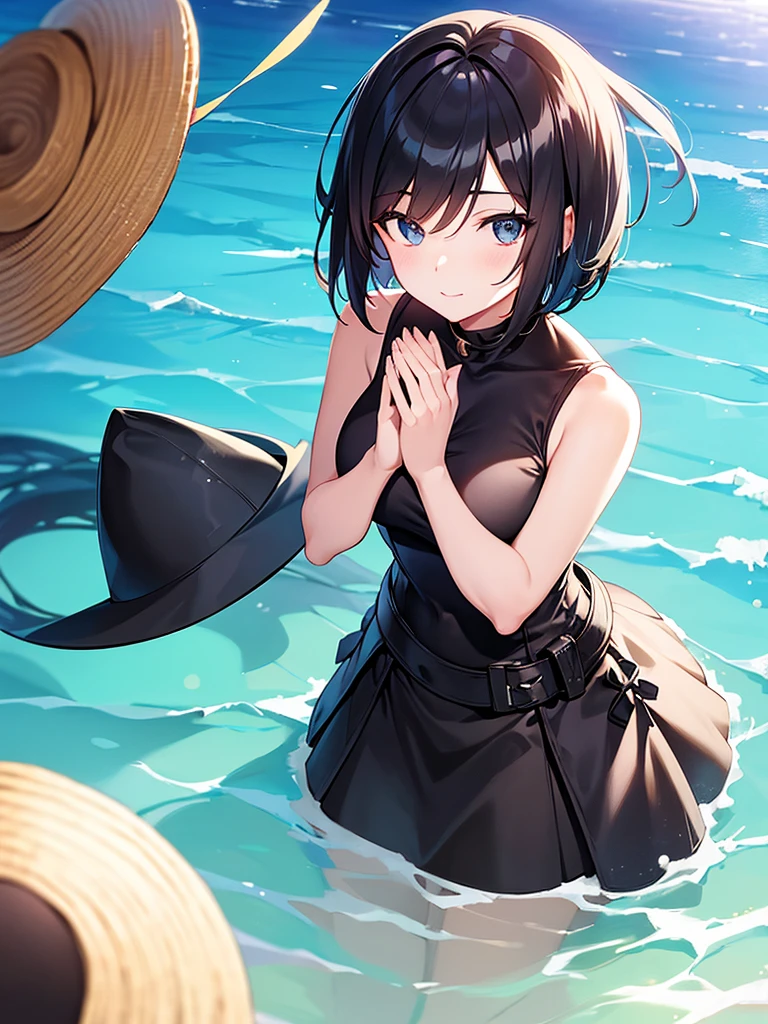 masterpiece, high-quality, a young woman, Anime illustration style, wearing black sleeveless, short bob Hair, holding hat behind head with both hands, sunny summer day with the blue sea