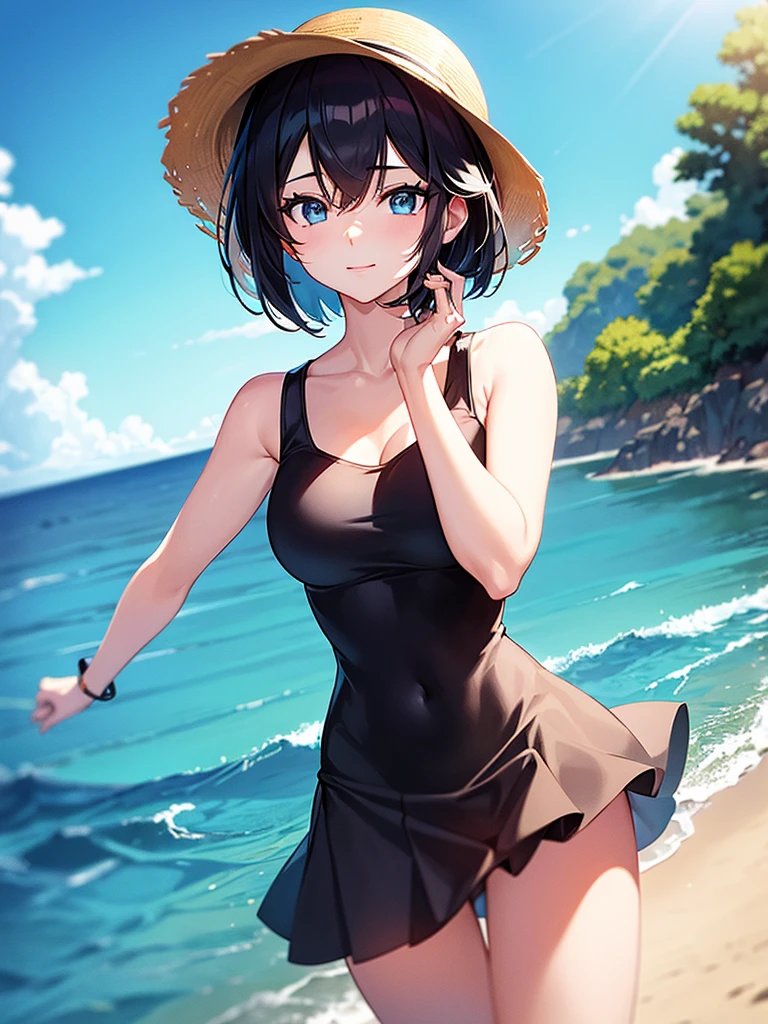 masterpiece, high-quality, a young woman, Anime illustration style, wearing black sleeveless, short bob Hair, holding hat behind head with both hands, sunny summer day with the blue sea