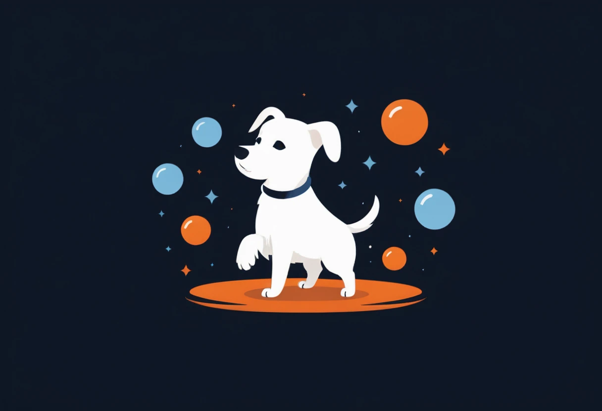 score_9, score_8_up, score_7_up, score_6_up, score_5_up, score_4_up, logo, A logo for a dog hottel, (fullbody), ((white dog:1.25), (one with black ear)), dog playing with ball, pastell colors (orange, dark blue, blue, brown), LogoRedAF