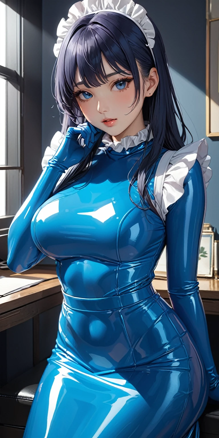 Portraiture、(masterpiece,Highest quality,Ultra-high resolution),Japanese women, (((Very beautiful 25 year old girl))),(Bright blue latex maid outfit)、((Bright blue latex long skirt))、(A bright blue long-sleeved latex shirt covering the upper body)、Bright blue latex gloves、Bright blue latex socks、Bright blue latex bodysuit、Frills、The clothes fit snugly to the body、Latex is very shiny、Dark Room、