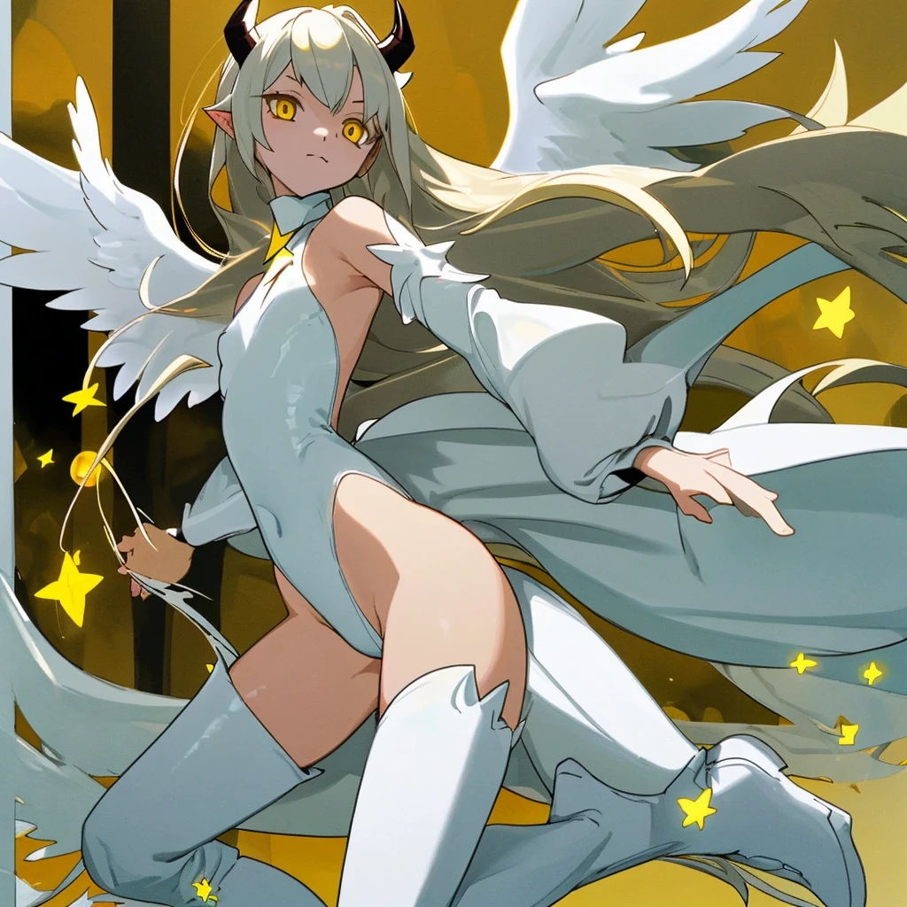 Egg-colored demon girl + Wear a white swimsuit with sleeves + white boots + It has white wings over black on its hips. + long yellow hair + yellow eyes + There is a small yellow star on the left cheek. + has a white tail + white ribbon + He has gray-white horns. + Has a black collar + There is a white shawl that leaves the middle