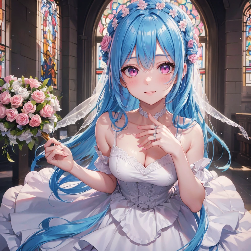 Sky blue hair, (One braided ponytail),(Pink Eyes),Fair skin ,(whole body),(One girl),bride,A big smile,Straight bangs, 6月のbride,Wedding dress,(masterpiece, Highest quality, Very detailed, Best Shadow), (Detailed Background), (Beautifully detailed face), High Contrast, (Best lighting, Very delicate and beautiful), ((Cinematic Light)), colorful, Hyper Detail, Dramatic Light, Intricate details,Chapel background,A bouquet of roses in the right hand,Ring on left ring finger,