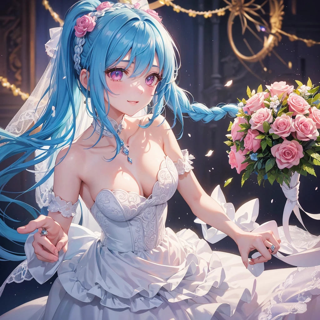 Sky blue hair, (One braided ponytail),(Pink Eyes),Fair skin ,(whole body),(One girl),bride,A big smile,Straight bangs, 6月のbride,Wedding dress,(masterpiece, Highest quality, Very detailed, Best Shadow), (Detailed Background), (Beautifully detailed face), High Contrast, (Best lighting, Very delicate and beautiful), ((Cinematic Light)), colorful, Hyper Detail, Dramatic Light, Intricate details,Chapel background,A bouquet of roses in the right hand,Ring on left ring finger,