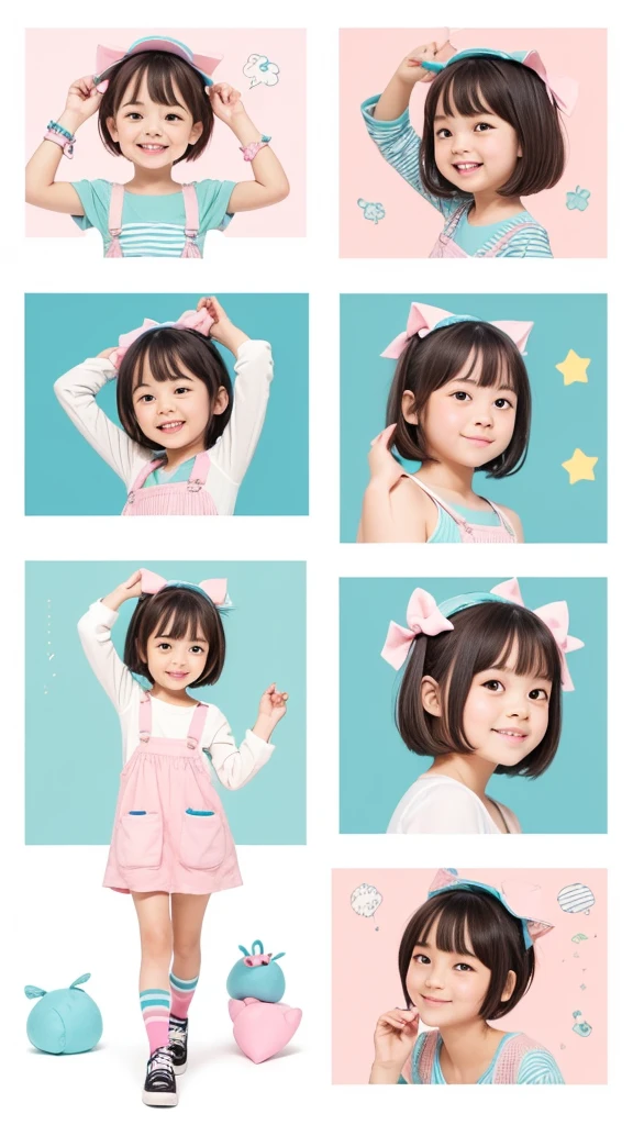 A series of hand-drawn, pastel-colored illustrations featuring a cute young girl with short hair in different activities. The style should include soft lines and light colors, similar to the provided image. The girl should be depicted in various poses and activities, such as standing, walking, and interacting with objects or other characters. The overall theme should be playful and innocent.