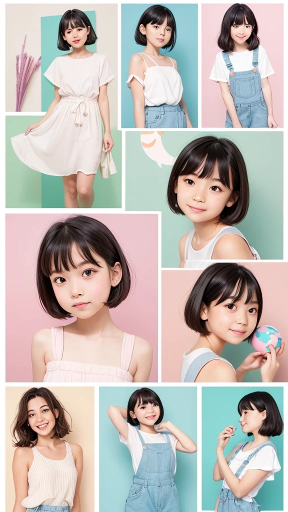 A series of hand-drawn, pastel-colored illustrations featuring a cute young girl with short hair in different activities. The style should include soft lines and light colors, similar to the provided image. The girl should be depicted in various poses and activities, such as standing, walking, and interacting with objects or other characters. The overall theme should be playful and innocent.