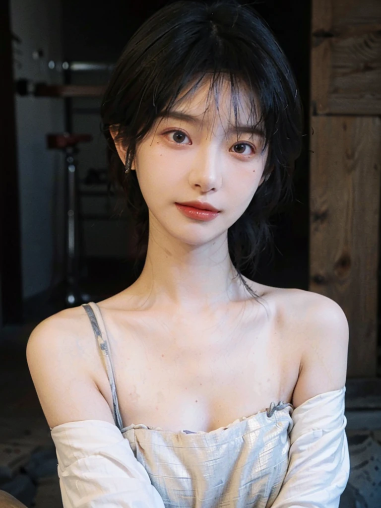 (Skin details:1.4), (smooth skin textures:1.3), (Upper body:1.4),(Upper Body:1.3),(Off-shoulder:1.4),Lipstick, background, earrings, serene, calm, (Realistic and detailed eyes:1.2), Natural skin texture, Realistic facial details, Soft dramatic lighting, Vivid details, 35 mm film, outdoor, (Photo Practical:1.4), (hyper Practical:1.4), (Practical:1.3), (Smoother lighting:1.05), (Improve lighting quality:0.9), (Highest quality real skin textures:1.4), Exquisite eyes, Delicate face, Close-up of face, (Enhance the beauty of skin texture:1.1),0Normal body proportions, short hair, Moles under the eyes, A faint smile,Portrait Photography, Depth of Field, Bokeh, Surrealism, Ray Tracing, (Portrait Photography:1.1), Surrealism, High Detail, Chiaroscuro, Ray Tracing, reflected light, Ultra HD, Ultra HD, masterpiece, Textured Skin, Super Detail, High Detail, high quality, best quality