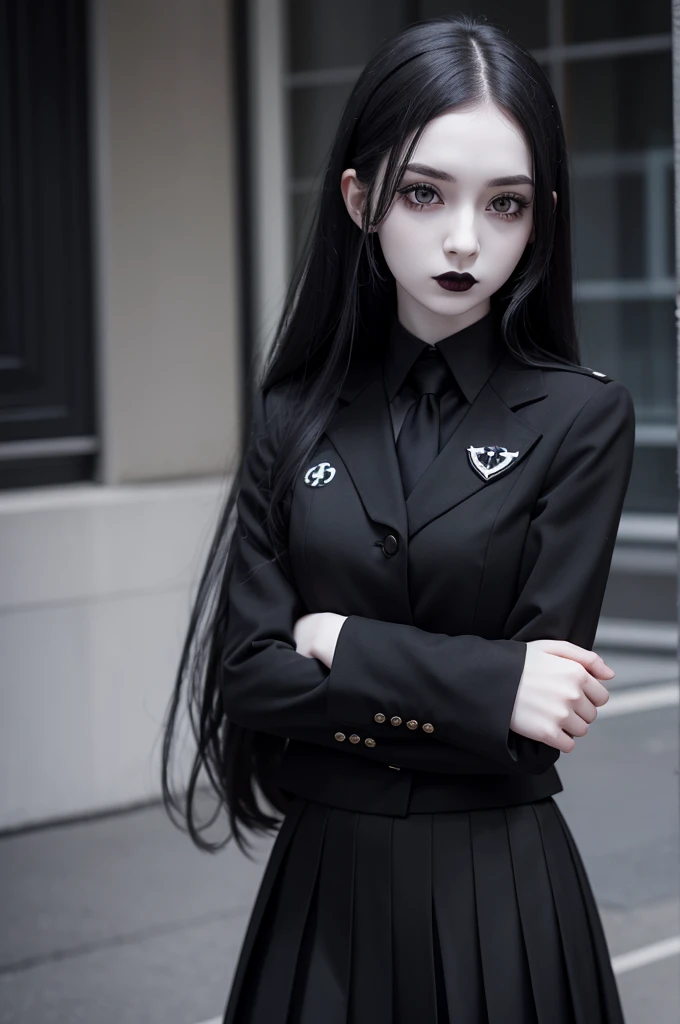 Goth girl, Pale skin, black lipstick, black eyes, student, black uniform with symbols, arms crossed, black skirt