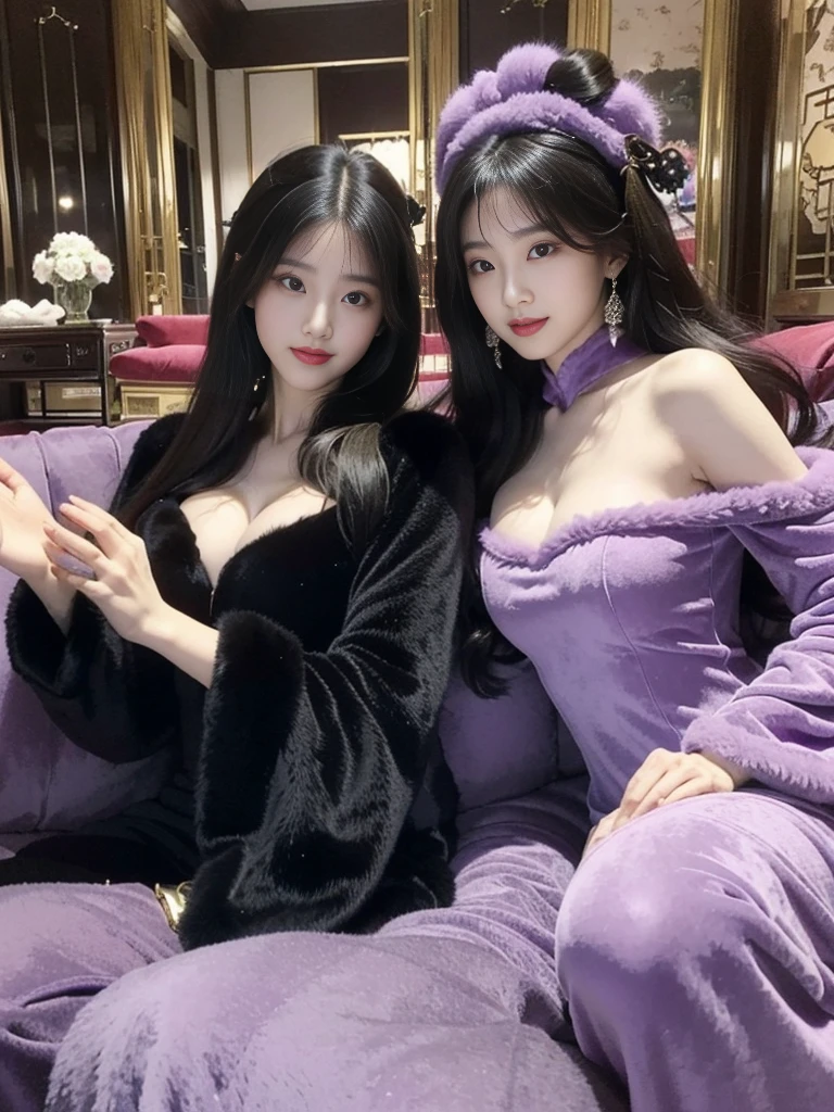 fluffyの毛皮。fluffy。((Chinese gorgeous and antique))(smile)(((Pair of women、Feminine room)))。((Velour dress、Velvet dress、Purple chic sofa、Fluffy carpet))ancient China。Arms outstretched、Armpits。Photos of women wearing fur coats。Brown fur cape。Fisheye Lenultiple women。Black leather bondage