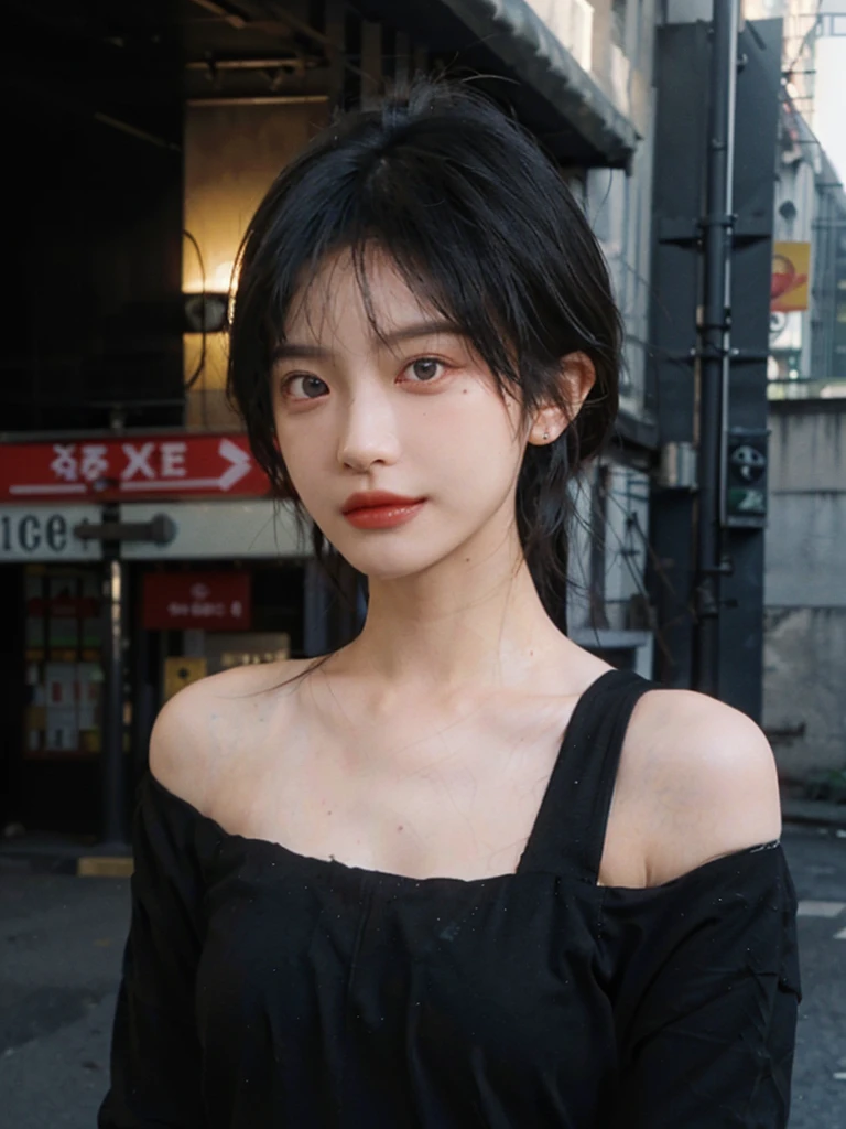 (Skin details:1.4), (smooth skin textures:1.3), （Upper body：1.4），（Upper Body：1.3)，(Black clothes:1.4)，(Off-shoulder：1.4），Lipstick, background, earrings, serene, calm, (Realistic and detailed eyes：1.2）, Natural skin texture, Realistic facial details, Soft dramatic lighting, Vivid details, 35 mm film, outdoor, (Photo Practical:1.4), (hyper Practical:1.4), (Practical:1.3), (Smoother lighting:1.05), (Improve lighting quality:0.9), (Highest quality real skin textures:1.4), Exquisite eyes, Delicate face, Close-up of face, (Enhance the beauty of skin texture:1.1),0Normal body proportions, short hair, Moles under the eyes, A faint smile,Portrait Photography, Depth of Field, Bokeh, Surrealism, Ray Tracing, (Portrait Photography:1.1), Surrealism, High Detail, Chiaroscuro, Ray Tracing, reflected light, Ultra HD, Ultra HD, masterpiece, Textured Skin, Super Detail, High Detail, high quality, best quality