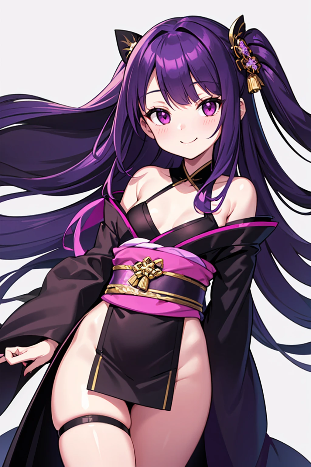 whole body,Standing posture, (Purple Hair,Long straight hair,Trimmed bangs) (Small breasts,,Symphogia style,), (Cute face:1.2) (kimono,Black clothes,Revealing clothing,) Cold Smile,(White background) 