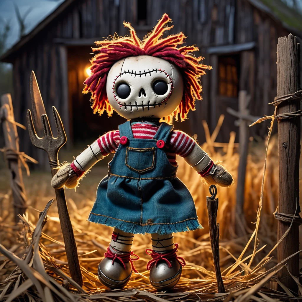 (knitted toy voodoo doll:1.5), (Voodoo Doll on an Abandoned Farm:1.3), (Clothing: farmer's attire with straw patterns:1.0), (Accessories: enchanted pitchfork emitting a faint glow, floating old farm tools:1.1), (background: overgrown farm with weathered barns, broken fences, and a feeling of neglect:1.2), best quality, masterpiece, detailed soft oil painting, detailed background, dramatic cinematic lighting, soft edge lighting, professional, dramatic lighting, hard edge lighting, ultra quality, 4k,masterpiece, best quality, 8k, ultra highres, highres, extremely detailed