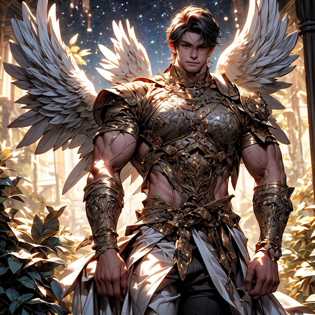 A majestic, muscular, winged archangel with a noble bearing, holding a longsword, wearing ancient robes, with piercing eyes, a sharp nose, and a dignified expression, floating in a starry sky, (best quality,8k,hyperrealistic,masterpiece:1.2),ultra-detailed,(realistic,photorealistic,photo-realistic:1.37),concept art,dramatic lighting,cinematic,chiaroscuro,epic,divine,awe-inspiring,intricate details,dramatic pose,powerful,heroic,celestial,ethereal,mystical,glowing,shimmering,radian