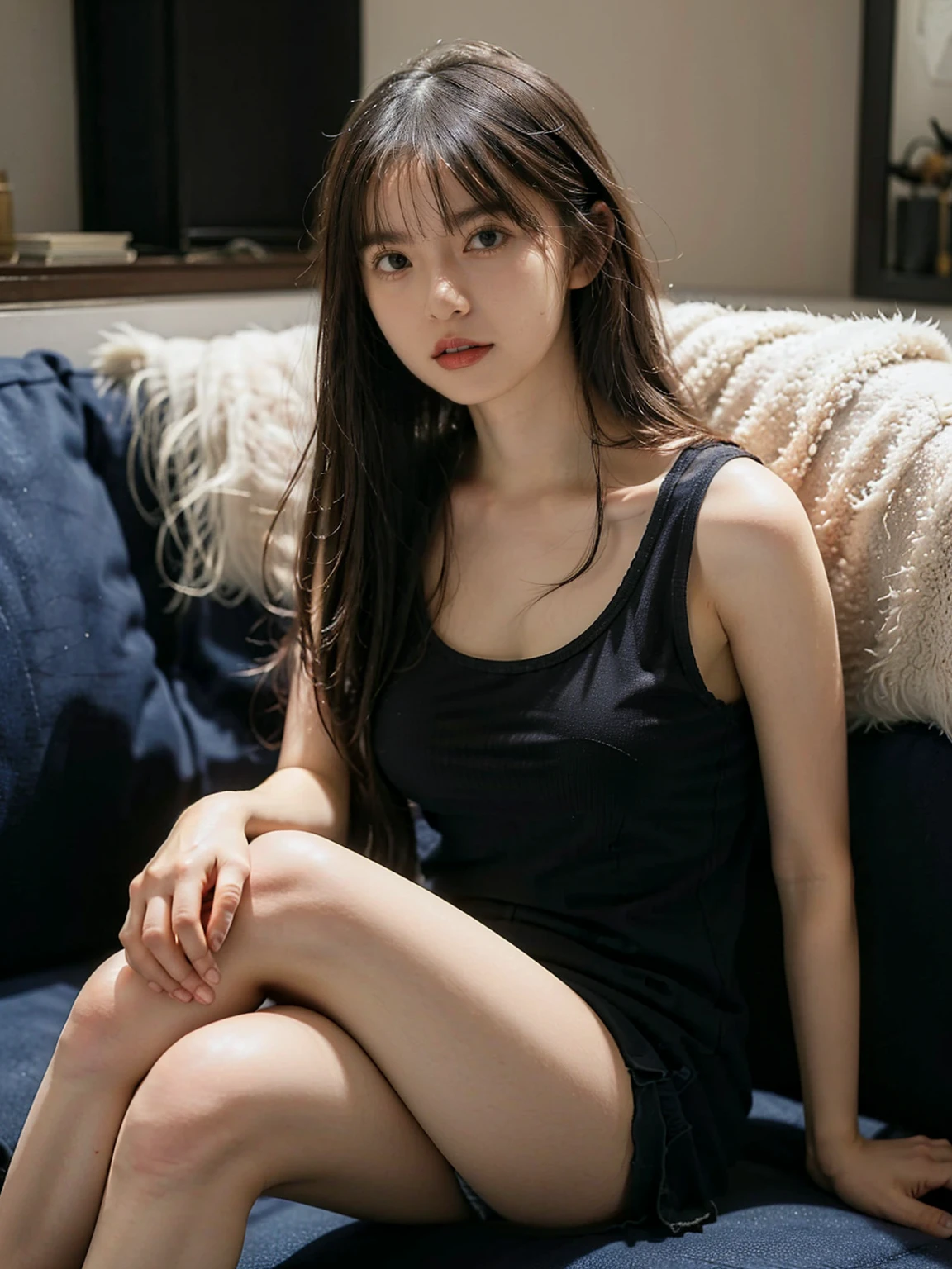 HQ skin:1.4, realistic, 16k, masterpiece, Front light,1girl,sitting on a cozy couch,crossing legs,natural big breast, knit tank top.