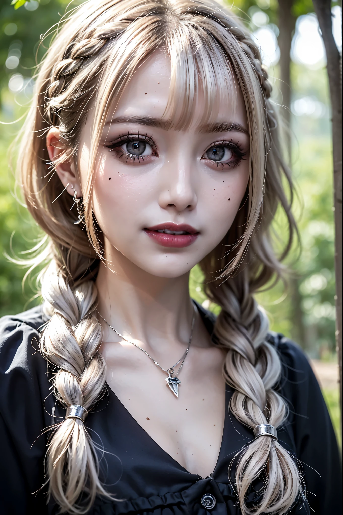 Realistic, masterpiece, Highest quality, Highest Resolution, High Detail, Soft Light, Professional Lighting, Backlight, Film Grain, The background is blurred, Japanese , (The subject was photographed from below, The subject does not look at the camera:1.3), 16 years old, Upper body photo, Looks sleepy, inattention, Grinning, Open your mouth, Beautiful and detailed eye drawing, (Droopy eyes:1.3), Dark Eyes, Thin eyebrows, Draw eyelashes carefully, Eyelash extensions, Gal Makeup, Orange Cheek,  (White brown wavy hair, Short Hair, Braid, middle part:1.3), (Hidden eyelid wrinkles:1.3), (Gothic summer , Silver Accessories:1.3), (Summer forest:1.3)
