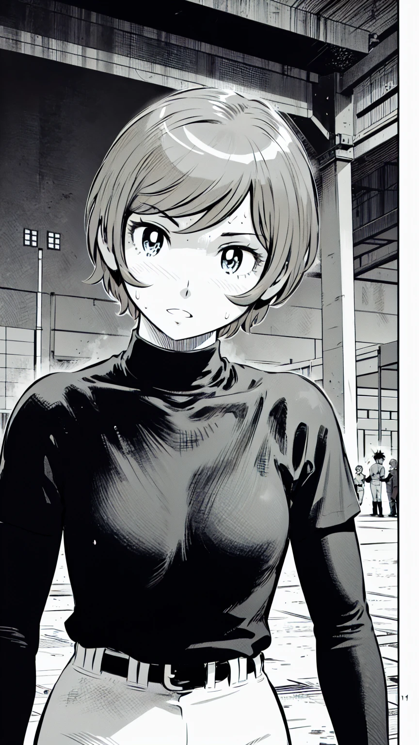 (野球uniform:1.2),
Blonde Hair, (short hair:1.2),Long sleeve, Black Shirt, turtleneck,White trousers、uniform、Black belt、((Illustration of people))、Big 、
View Audience,, (Highest quality:1.3),One Girl, White pants、uniform、Outdoor、baseball ground、ground、soil、blue eyes、Tight black shirt、(masterpiece、Highest quality)、Highest quality, Ultra-high resolution, (((masterpiece))), alone, Sweat、Big eyes、Big Breasts、One Girl, Front view、Embarrassed face、Bronze colored hair、((short hair))、Stand up straight