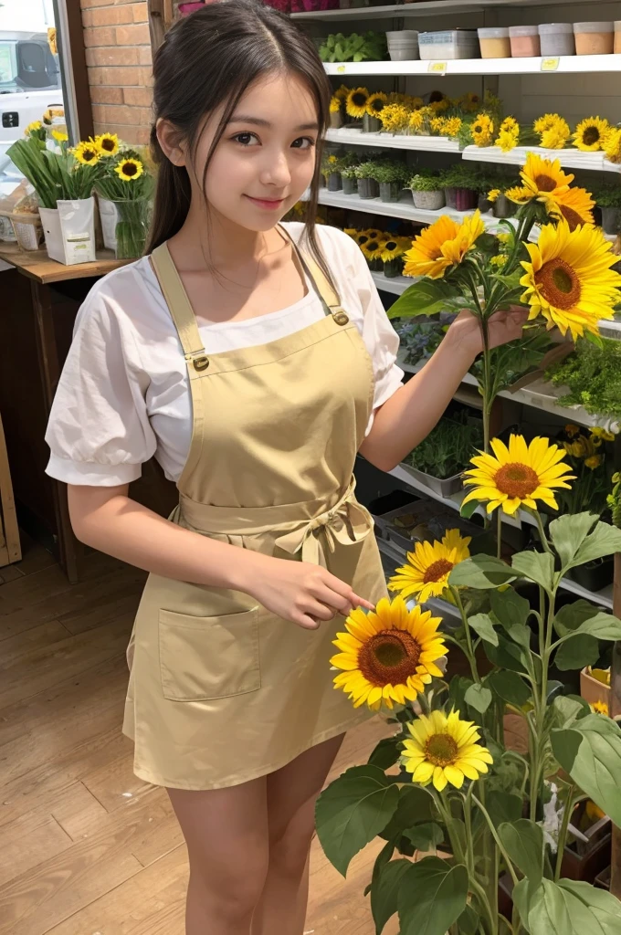 A 20-year-old girl working at a flower shop（Wearing a miniskirt and apron）is holding a sunflower。