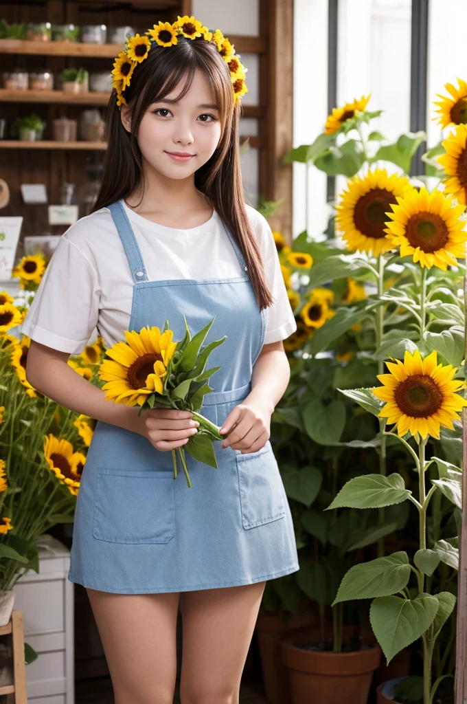 A 20-year-old girl working at a flower shop（Wearing a miniskirt and apron）is holding a sunflower。