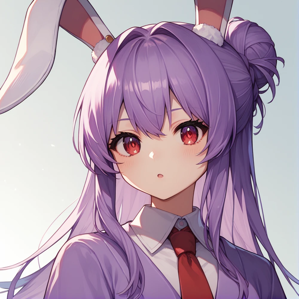 score_9, score_8_up, score_8, score_9, 1 girl,  source_anime,  reisen udongein inaba, purple hair, red eyes, rabbit ears, rabbit girl, long hair, portrait, white shirt, red necktie, bun hairstyle, violet kimono, sedge hat