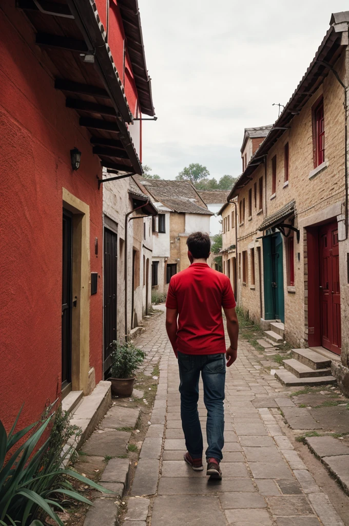 A man walking through a village. Camera angle from back of the man. (Red theme of nature)