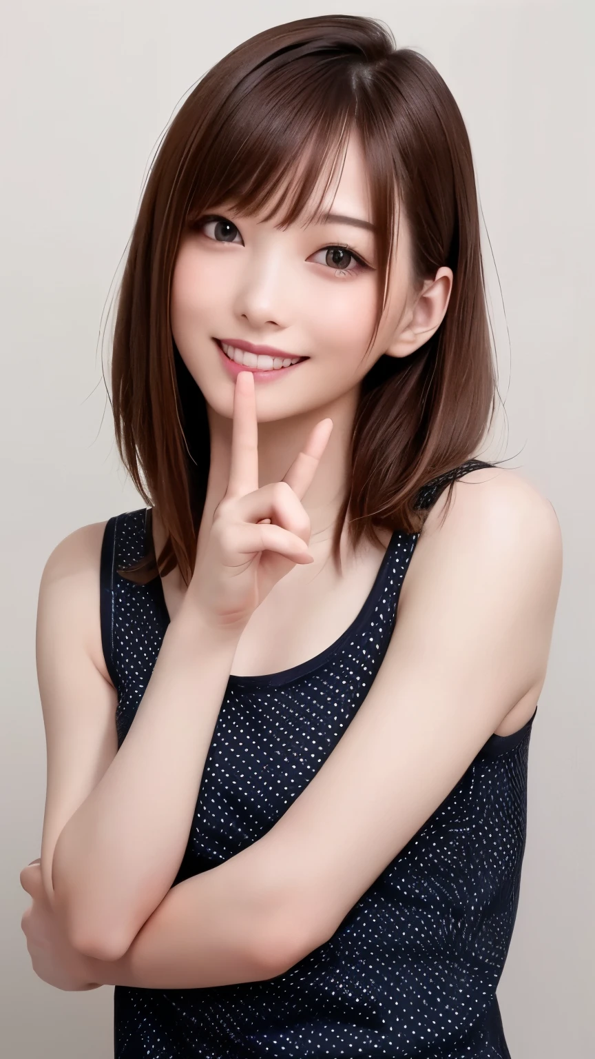 (Highest quality、8K、32k、masterpiece)、(Realistic)、(Realistic:1.2)、(High resolution)、Very detailed、Very beautiful face and eyes、1 Girl、Round and small face、Tight waist、Delicate body、(Highest quality、Attention to detail、Rich skin detail)、(Realistic、Realistic:1.37)、Bright colors、(((Chestnut Hair)))、(((Upper Body Shot)))、(((Medium Hair)))、(((Fair skin)))、(((White wall background)))、(((White wall background)))、(((smile)))、(((Teeth are visible)))、(((wear a pink tank top)))、(((Touch your chin with your right hand)))、(((Polka dot tank top)))、(((Making a peace sign)))
