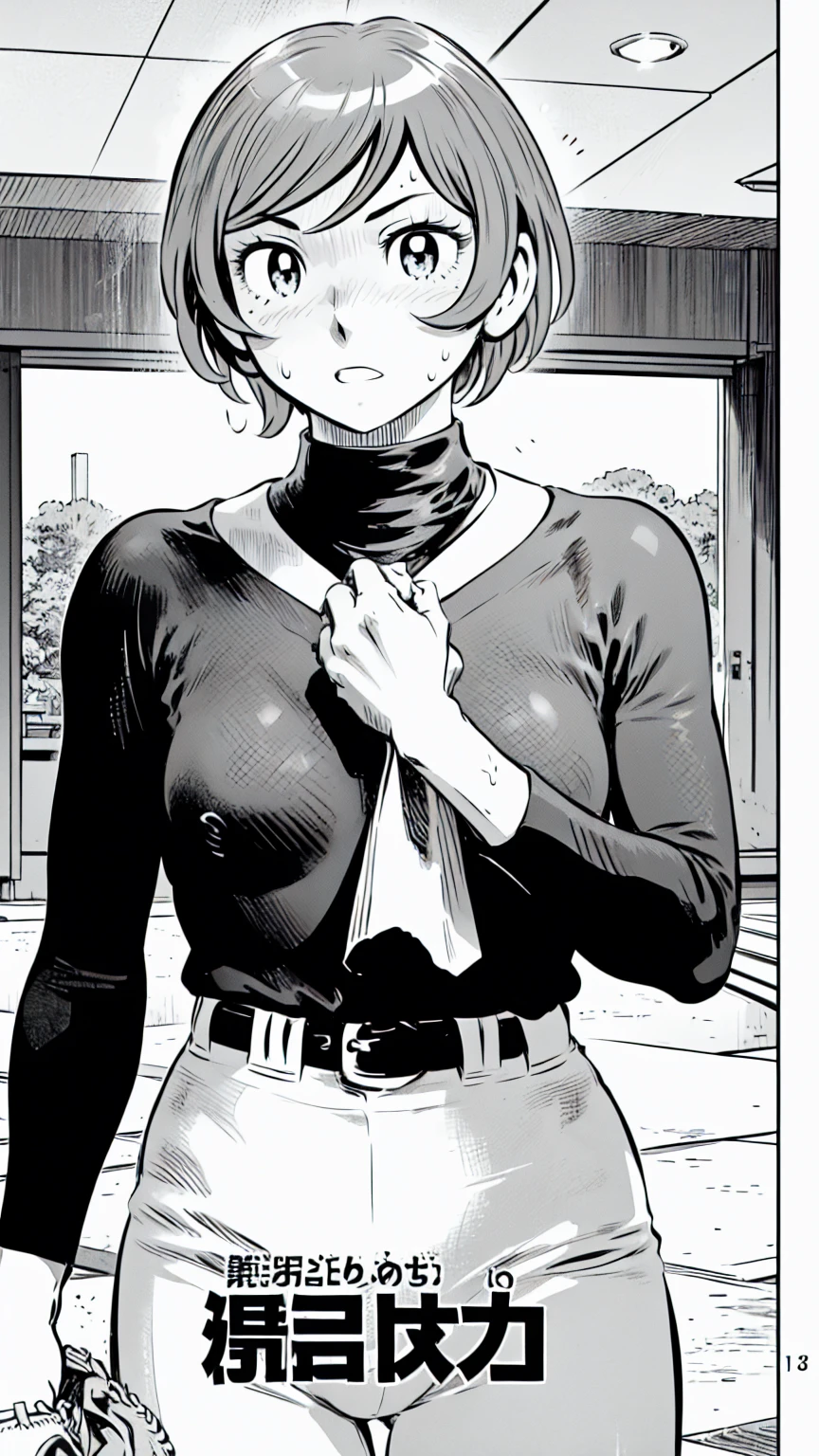 (野球uniform:1.2),
Blonde Hair, (short hair:1.2),Long sleeve, Black Shirt, turtleneck,White trousers、uniform、Black belt、((Illustration of people))、Big 、
View Audience,, (Highest quality:1.3),One Girl, White pants、uniform、Outdoor、baseball ground、ground、soil、blue eyes、Tight black shirt、(masterpiece、Highest quality)、Highest quality, Ultra-high resolution, (((masterpiece))), alone, Sweat、Big eyes、Big Breasts、One Girl, Front view、Embarrassed face、Bronze colored hair、((short hair))、Stand up straight