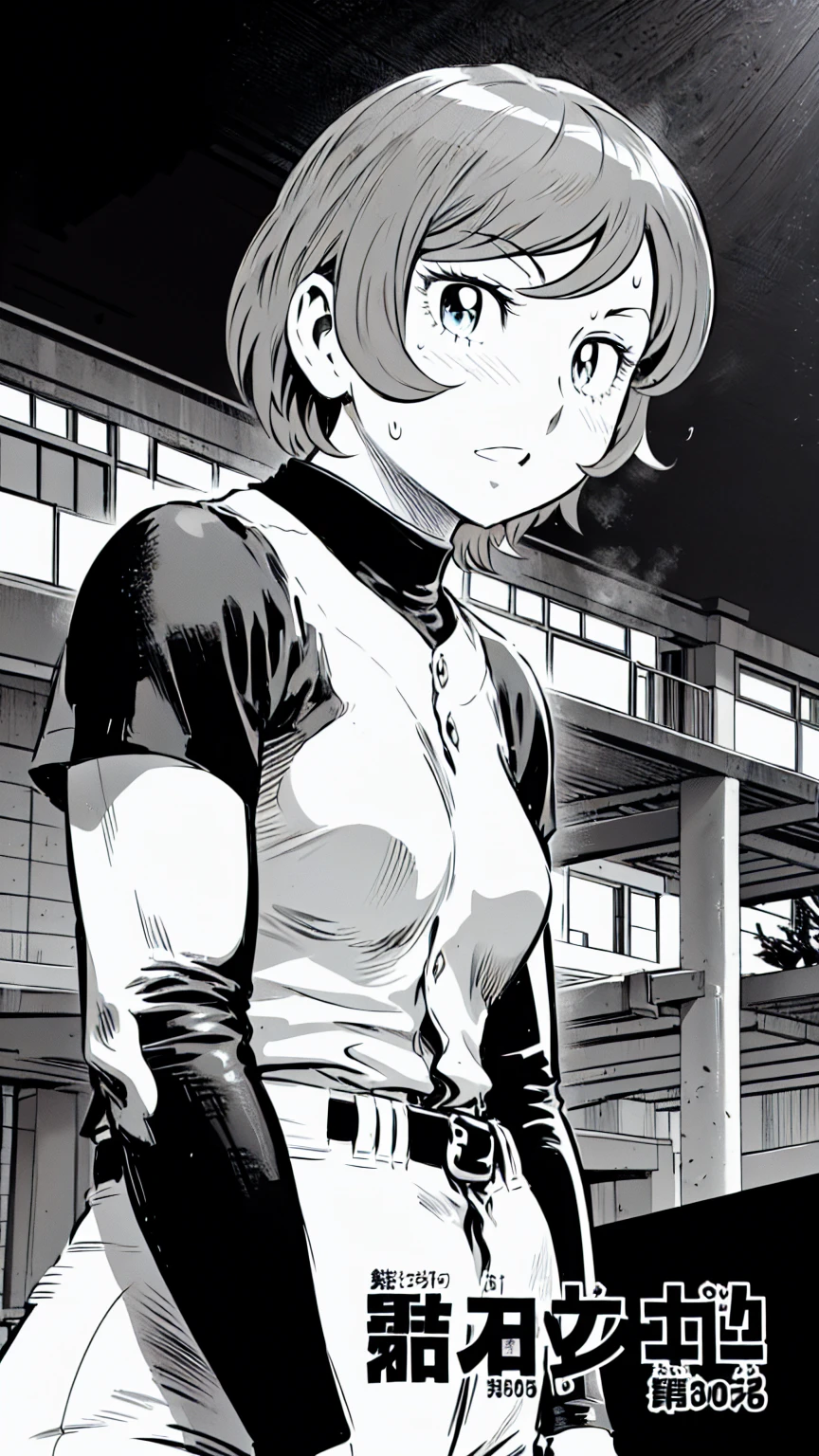 (野球uniform:1.2),
Blonde Hair, (short hair:1.2),Long sleeve, Black Shirt, turtleneck,White trousers、uniform、Black belt、((Illustration of people))、Big 、
View Audience,, (Highest quality:1.3),One Girl, White pants、uniform、Outdoor、baseball ground、ground、soil、blue eyes、Tight black shirt、(masterpiece、Highest quality)、Highest quality, Ultra-high resolution, (((masterpiece))), alone, Sweat、Big eyes、Big Breasts、One Girl, Front view、Embarrassed face、Bronze colored hair、((short hair))、Stand up straight