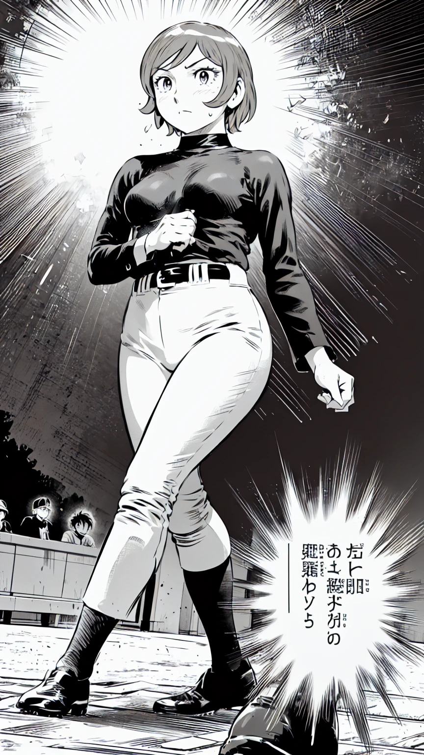 (野球uniform:1.2),
Blonde Hair, (short hair:1.2),Long sleeve, Black Shirt, turtleneck,White trousers、uniform、Black belt、((Illustration of people))、Big 、
View Audience,, (Highest quality:1.3),One Girl, White pants、uniform、Outdoor、baseball ground、ground、soil、blue eyes、Tight black shirt、(masterpiece、Highest quality)、Highest quality, Ultra-high resolution, (((masterpiece))), alone, Sweat、Big eyes、Big Breasts、One Girl, Front view、Embarrassed face、Bronze colored hair、((short hair))、Stand up straight