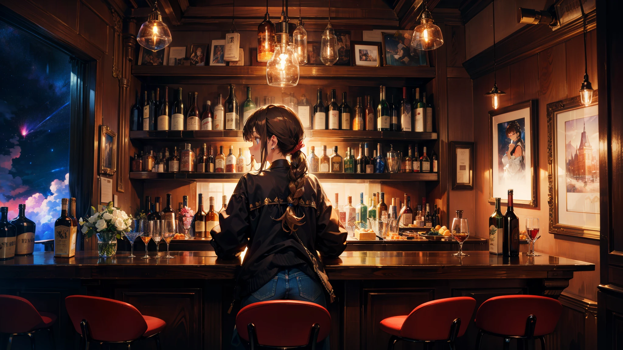 masterpiece, best quality, high quality, detailed, ultra detailed, hyper detailed, insanely detailed, exquisite, beautiful, FHD, Full-HD, 4K, 8K, 16K, highres, absurdres, bar, 1woman, intelligent, eyes closed, brown hair, long hair tied back, slim, bartender, piercing, in the bar, with a window, with a nebula, with a starry sky, at night, beautiful