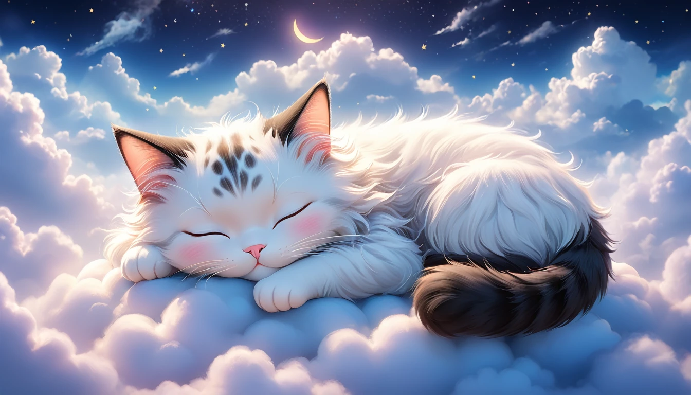 A cat is lying on a cloud,Eyes closed,Appears throughout the body, cute catのアニメビジュアル, Cute numbers, Beautiful and detailed digital art, Cute numbers艺术, cgstation Popular Topics, Anime Cat, Cat dream cat, Cat dream cat, Have a nice dream, cute cat, Fantasy Illustration, Nice 3D rendering, Dream Night, Animation-style rendering, Sleeping cat