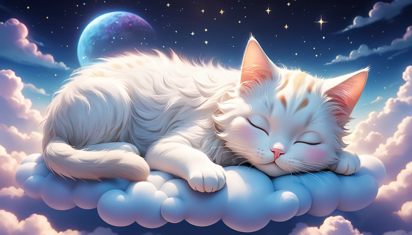 A cat is lying on a cloud,Eyes closed,Appears throughout the body, cute catのアニメビジュアル, Cute numbers, Beautiful and detailed digital art, Cute numbers艺术, cgstation Popular Topics, Anime Cat, Cat dream cat, Cat dream cat, Have a nice dream, cute cat, Fantasy Illustration, Nice 3D rendering, Dream Night, Animation-style rendering, Sleeping cat