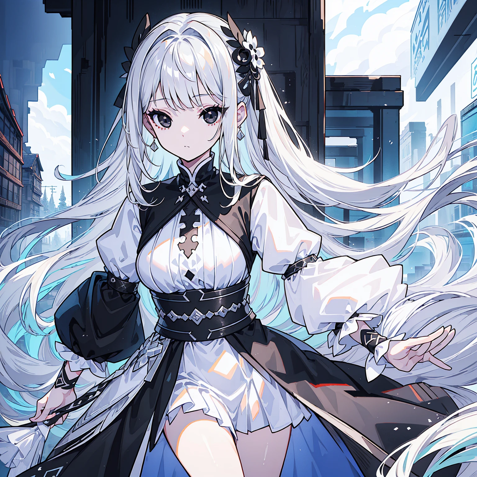 (Top image quality)、(Ultra Detailed)、(Facing forward)、top quality、masterpiece、((((1 girl))))、Silver Hair、white hair、((Long hair))、(black eyes:1.6)