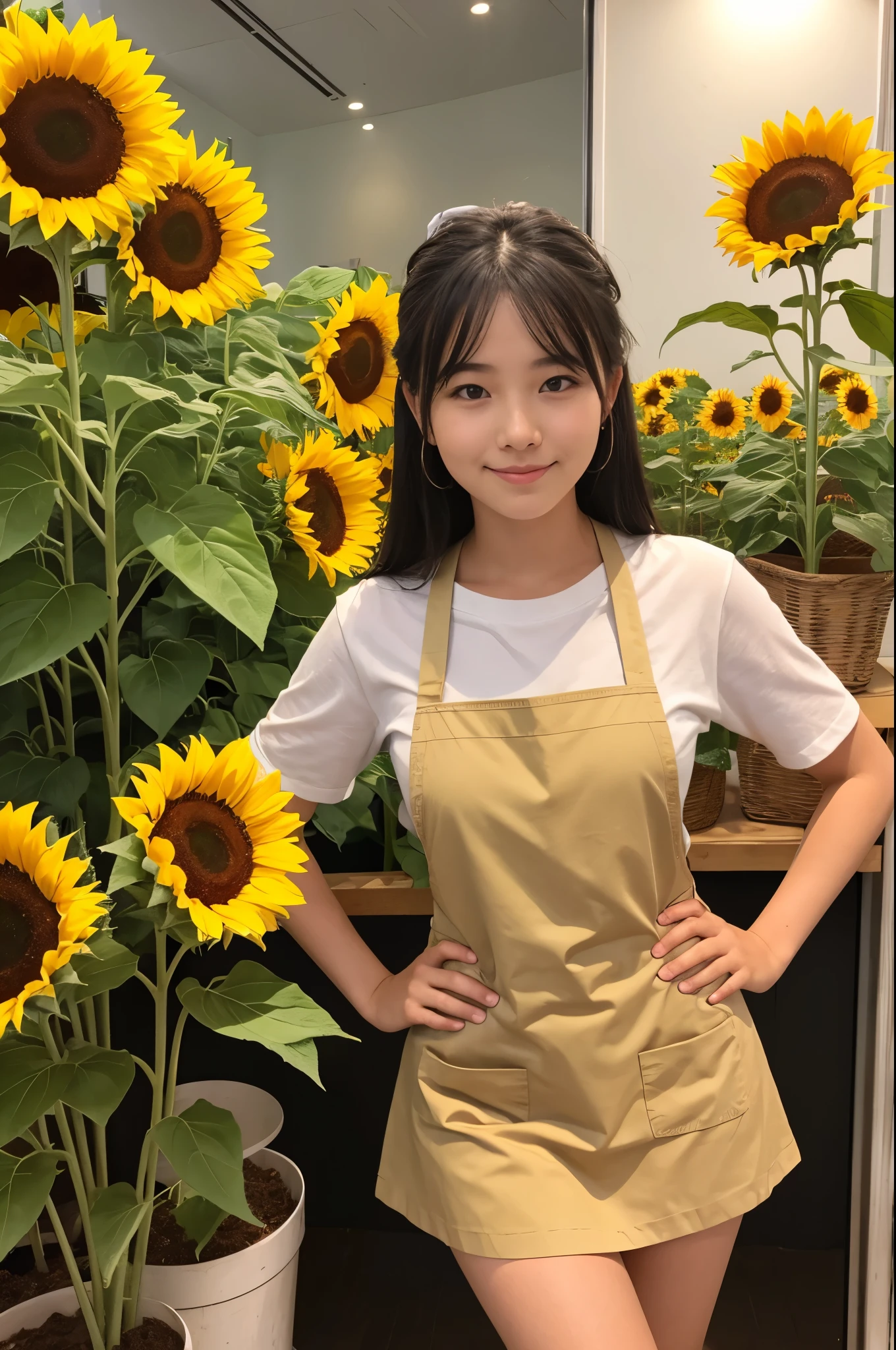 A 20-year-old girl working at a flower shop with lots of sunflowers.(Wearing a miniskirt and apron)