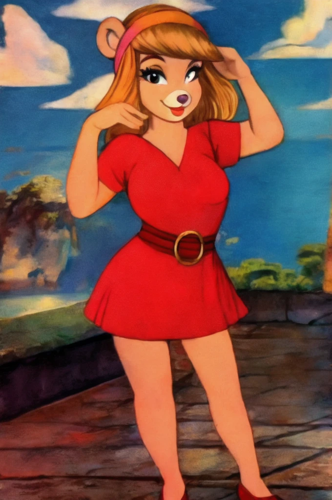fashionable 60s young lady bear, red_dress, girlfriend, wife, cute pose