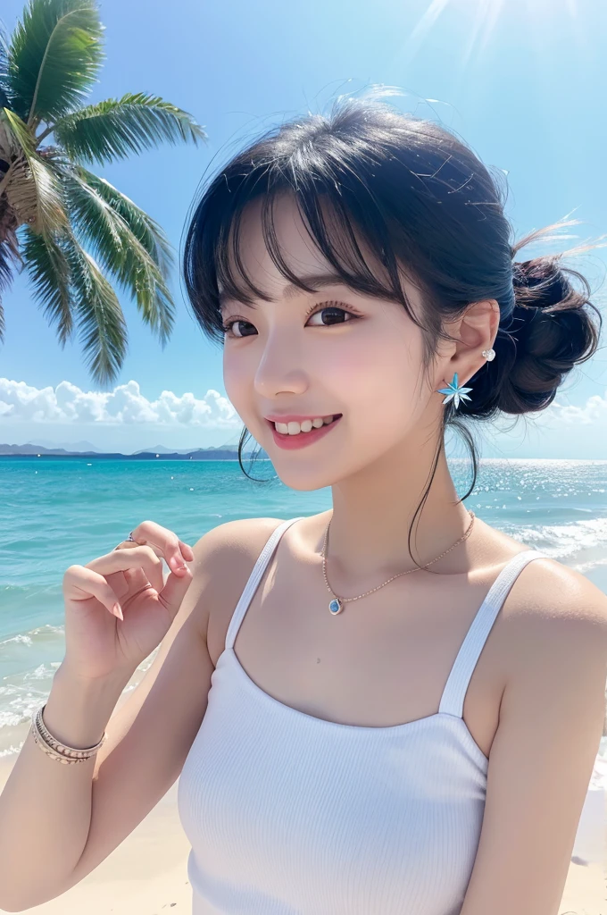 a girl wearing tiny blue sample earring, At the beach, sea, blue sky, sea breeze, half body shoot, Korean, KPOP, happy smile, group, white skin, black hair, jewelry, commercial advertising, white background, laser gradient background, subsurface tering effect