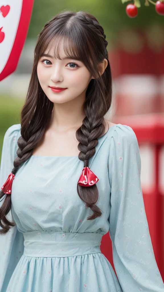 ((highest quality, 8K, masterpiece: 1.3)), 1 girl, slender beautiful girl: 1.3, (random hairstyle, normal breast: 1.2), super detailed face, fine eyes, double eyelid, gray, Walking happily in the business district、(A shy smile:0.8), The dress is decorated with cherry-themed patterns and colors, cherry fruits.