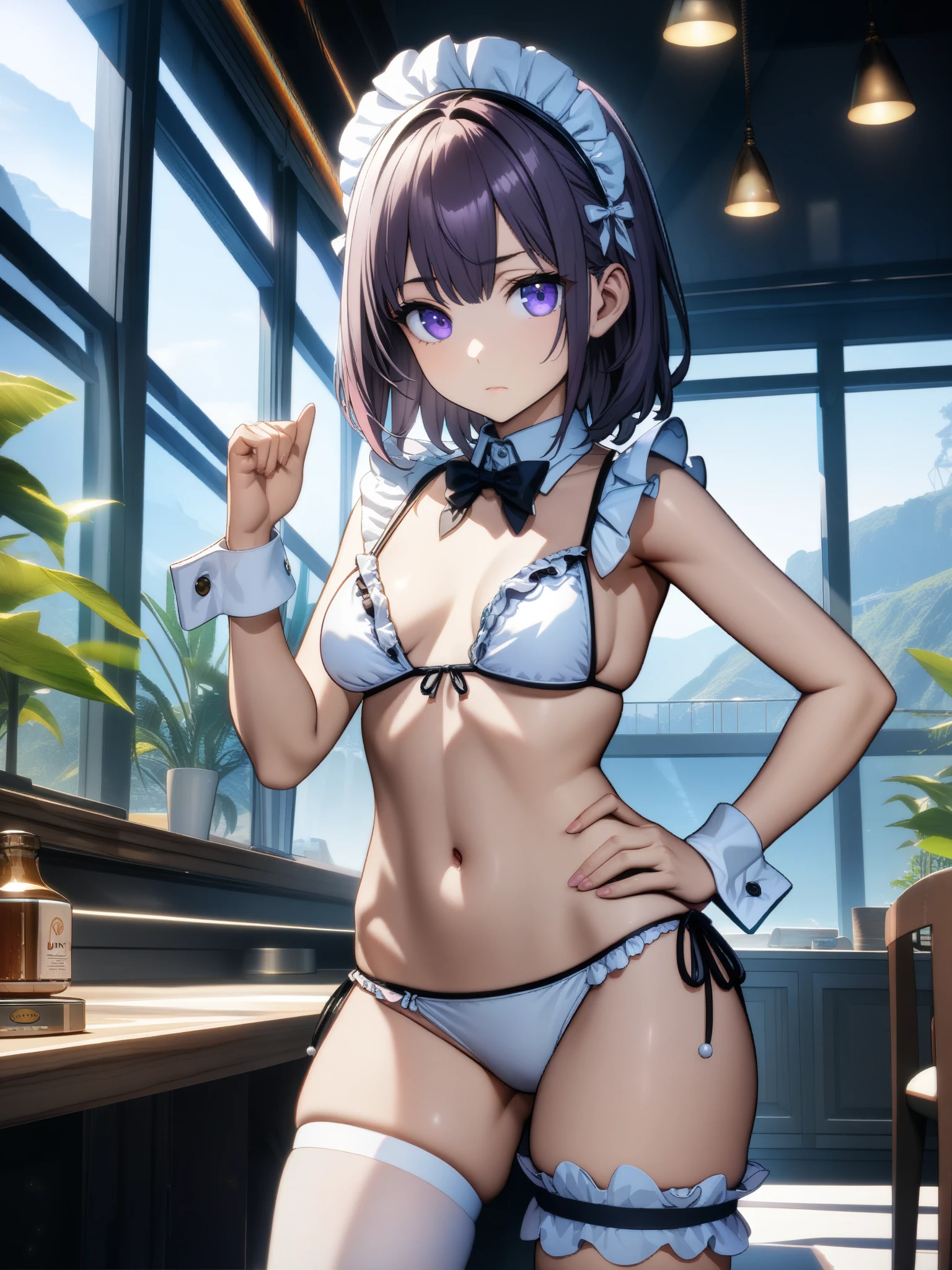 ((32k)), ((best quality)), ((ultra high res)), ((HDR)), ((UHD)), ((extremely detailed CG)), ((unity 32k wallpaper)), closed mouth, standing, purple eyes, swimsuit, bikini, thighs, cowboy shot, frills, indoors, hand up, stomach, white thighhighs, hand on hip, wrist cuffs, maid, maid headdress, bare arms, skindentation, detached collar, side-tie bikini bottom, white bikini, single thighhigh, string bikini, frilled bikini, bridal garter, maid bikini, 