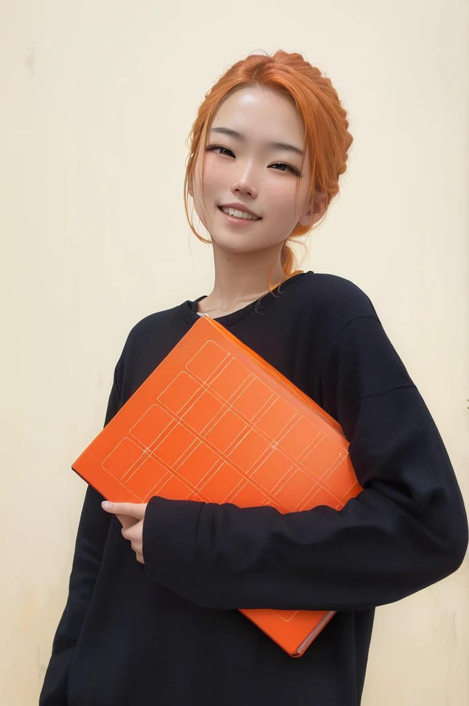 微笑的女人手里拿着一个亮orange color的文件夹, Holding a notebook, orange color细节, Catalog Photos, Dark Blue + 深orange color, Alexander Valizevska, Holding a book, Profile portrait, orange color色调, he is holding a large book, holding a huge book, orange color, Holding a book, Neon Orange, orange color调, Kirsi Salonin