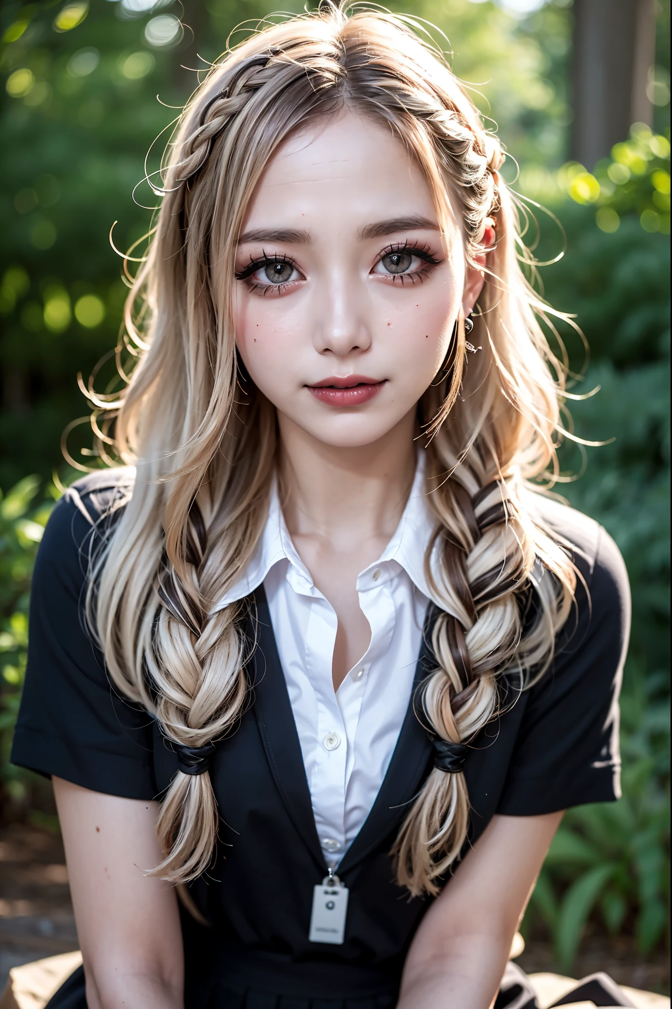 Realistic, masterpiece, Highest quality, Highest Resolution, High Detail, Soft Light, Professional Lighting, Backlight, Film Grain, The background is blurred, Japanese , (The subject was photographed from below, The subject does not look at the camera:1.3), 16 years old, Upper body photo, Looks sleepy, inattention, Grinning, Open your mouth, Beautiful and detailed eye drawing, (Droopy eyes:1.3), Dark Eyes, Thin eyebrows, Draw eyelashes carefully, Eyelash extensions, Gal Makeup, Orange Cheek, (White brown wavy hair, Long Hair, Braid, middle part:1.3), (Hidden eyelid wrinkles:1.3), (Gothic summer school uniform:1.3), (Summer forest:1.3)