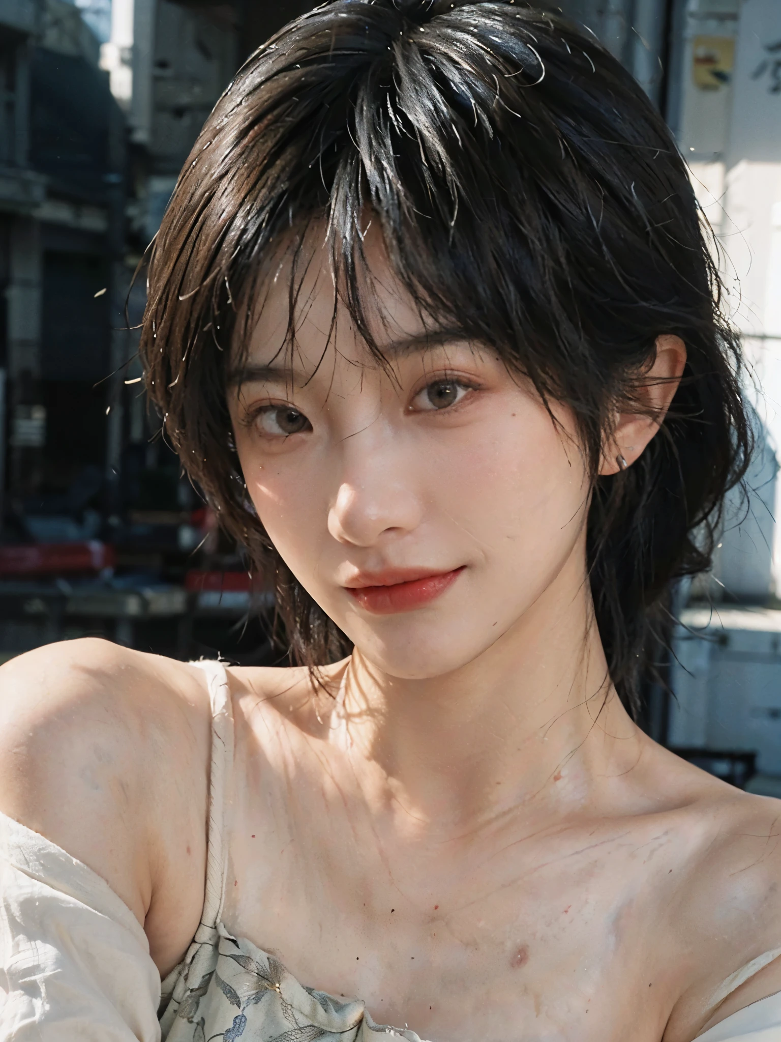 (Skin details:1.4), (smooth skin textures:1.3), (Upper body:1.4),(Upper Body:1.3),(Off-shoulder:1.4),Lipstick, background, earrings, serene, calm, (Realistic and detailed eyes:1.2), Natural skin texture, Realistic facial details, Soft dramatic lighting, Vivid details, 35 mm film, outdoor, (Photo Practical:1.4), (hyper Practical:1.4), (Practical:1.3), (Smoother lighting:1.05), (Improve lighting quality:0.9), (Highest quality real skin textures:1.4), Exquisite eyes, Delicate face, Close-up of face, (Enhance the beauty of skin texture:1.1),0Normal body proportions, short hair, Moles under the eyes, A faint smile,Portrait Photography, Depth of Field, Bokeh, Surrealism, Ray Tracing, (Portrait Photography:1.1), Surrealism, High Detail, Chiaroscuro, Ray Tracing, reflected light, Ultra HD, Ultra HD, masterpiece, Textured Skin, Super Detail, High Detail, high quality, best quality