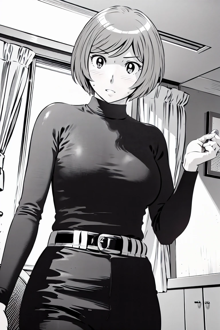 、(masterpiece、Highest quality)、Highest quality, Ultra-high resolution, (((masterpiece))), alone, Sweat、Big eyes,Tight black shirt、Tight white pants、belt、indoor、Composition from the front、(Cut the back hair short、short hair、blonde、woman)、Shortcuts、Embarrassed face、Cut your hair short、可愛いwomanの子、Big Breasts、Inside the room、Full Color、Baseball uniform