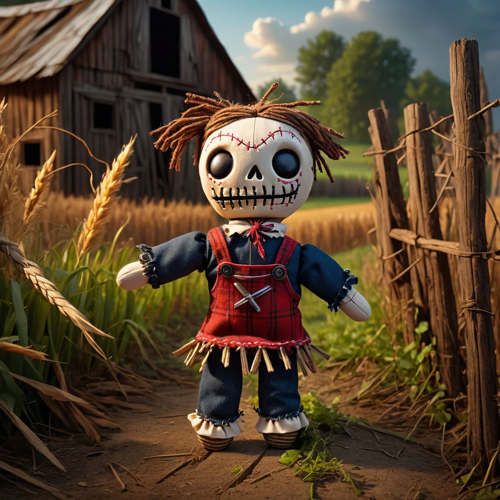 (knitted toy voodoo doll:1.5), (Voodoo Doll on an Abandoned Farm:1.3), (Clothing: farmer's attire with straw patterns:1.0), (Accessories: enchanted pitchfork emitting a faint glow, floating old farm tools:1.1), (background: overgrown farm with weathered barns, broken fences, and a feeling of neglect:1.2), best quality, masterpiece, detailed soft oil painting, detailed background, dramatic cinematic lighting, soft edge lighting, professional, dramatic lighting, hard edge lighting, ultra quality, 4k,masterpiece, best quality, 8k, ultra highres, highres, extremely detailed