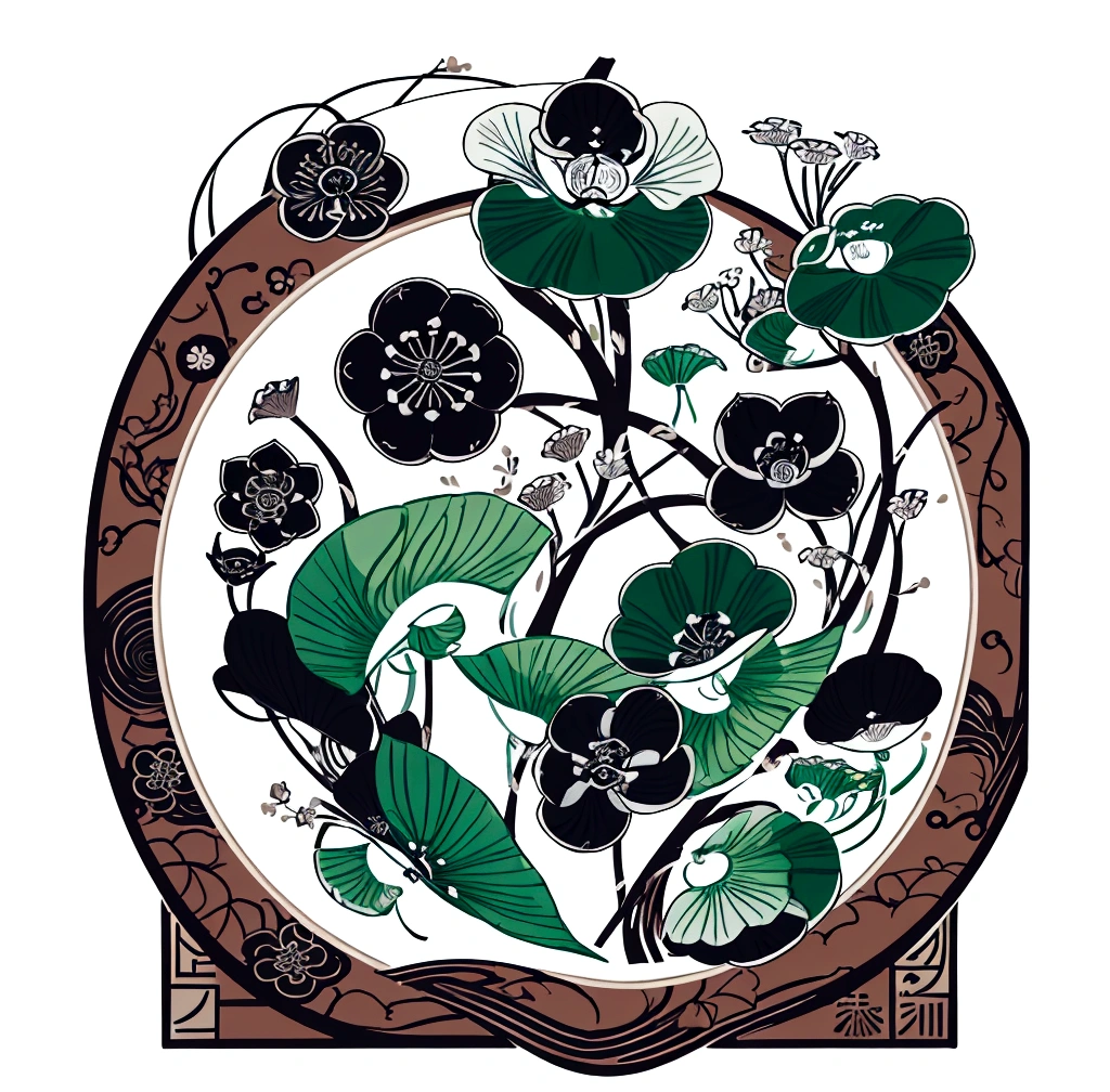 round circle, circular, erstelle mir in grösse der fläche auf weissem hintergrund ein japanisches circulares siegel kamon,an indigo-green circle with a leaf pattern in the middle showing 3 gingko leaves growing towards each other with Japanese finger waves reaching into the gaps, inspired by Masamitsu Ōta, inspired by Katsushika Ōi, intricate art deco leaf designs, inspired by Shūbun Tenshō, inspiriert von Ogata Kōrin, inspired by Ogata Gekkō, inspired by Sakai Hōitsu, flat illustration, sticker