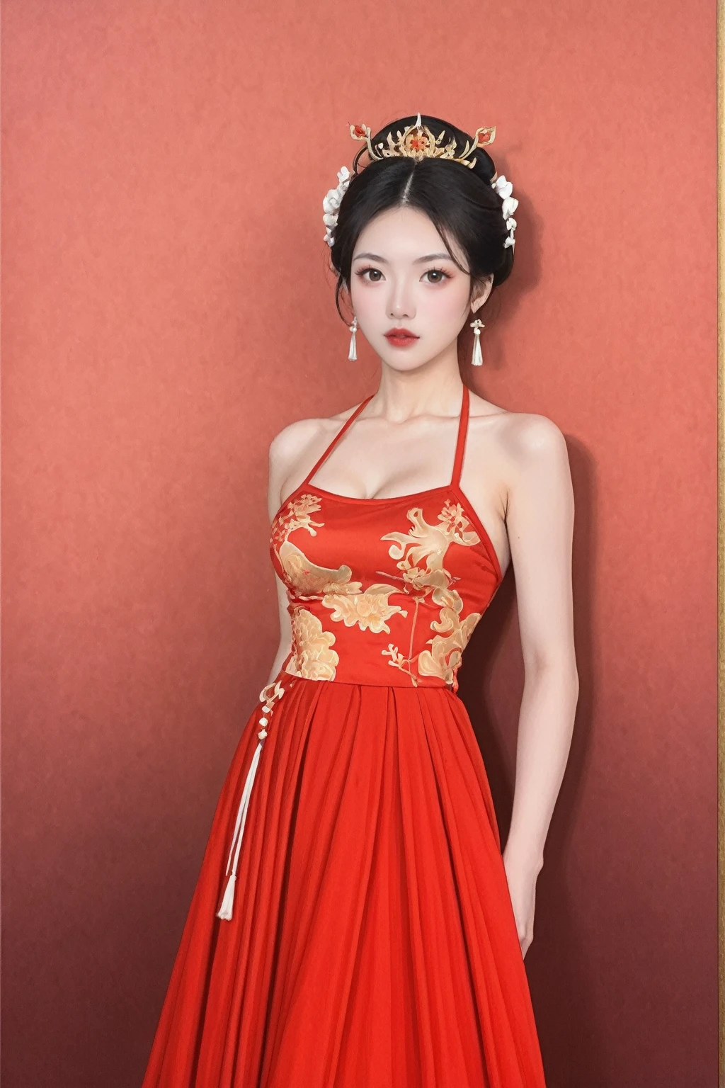 In a captivating scene, a woman stands as a beautiful fantasy queen, wearing a red dress that exudes elegance and power. Her close-up reveals red flowers in her hair, adding a touch of natural beauty to her regal appearance. This portrayal is inspired by the artistic styles of Lan Ying and Qiu Ying, known for their mastery in traditional Chinese painting.
The full-body xianxia (fantasy) depiction of the queen is reminiscent of the works of Zhu Lian, a renowned figure in Chinese art history. She is the Queen of China, her presence commanding and majestic, evoking the grandeur of a palace.
Surrounding her is a girl wearing Hanfu, a traditional Chinese garment, inspired by the works of Huang Ji and Wang Meng, both prominent figures in Chinese painting. This scene combines elements of historical and fantasy art, creating a visual narrative that is both culturally rich and aesthetically pleasing. The queen, at the center of this scene, is a symbol of beauty, power, and the rich cultural heritage of China.