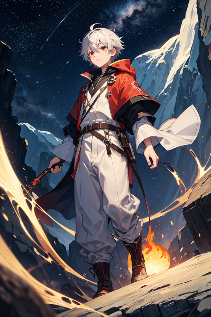 masterpiece,One boy,adventure,night,(Character Focus),Gray Hair,Red eyes,A large floating island in the starry sky,The protagonist looks up,Separate the background and character layers