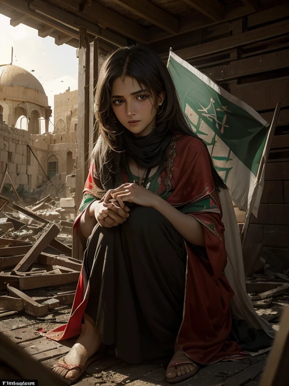 (Masterpiece, best quality, best detail, photorealistic, award winning photography :1.5), Palestina girl with long straight hair sitting on the ground, (((women at war in Palestine))), sad face, sadness, tears, destroyed village, collapsed wooden hut, burn marks, bloody blood, war crime destruction, (((Palestine 🇵🇸))). background shows the destruction, buildings collapsed, rubble, fire and smoke, provide intricate details in the image. Dramatic lighting, dramatic image, Greg Rutkowski, (((Palestine flag 🇵🇸)))