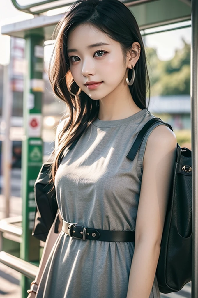 Ultra-realistic capture, Highly detailed, High resolution 16k close-up of human skin. Skin texture must be natural, With such detail that pores can be finely identified. Skin should look fair-skinned, In a uniform tone. Use natural light and color
(masterpiece:1.3), high resolution, ultra detailed, extremely detailed CG unity 8k wallpaper, realistic, photo-realistic, RAW photo, beautiful detailed face, pale skin, realistic glistening skin, detailed cloth texture, detailed hair texture, Perfect Style, Beautiful Face, accurate, Anatomically correct, Highly detailed face and skin texture, natural neck length
BREAK
Detailed eyes, symmetric eyes, green and grey mix eyes, Double eyelids, Thin eyebrows, (Sexy Lips:1.3),
BREAK,
((Innocent and Cute girl:1.3)), ((wearing a sleeveless white shirt dress :1.4)), (beautiful clavicle), (cross strap shoes), shiny small (necklace, bracelet), ((large hoop earrings:1.2)), (ring belt:1.2), (hobo bag over shoulder:1.3), Layered Hairstyle,black hair, wavy hair, long hair, (very provocative smile:1.2), (medium large breasts, firm breast, nicely shaped breasts:1.1),
BREAK,
((Standing together that Waiting a bus in the bus stop:1.4)), ((looking sideway at viewer:1.2)),
BREAK,
((Upper body shot:1.2)), (Focus on face:1.2), (from side:1.1), (background of beautiful sunset shines:1.4)
